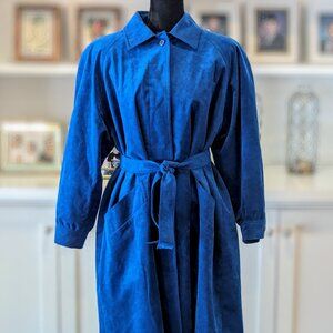 Vintage Womens Count Romi Ultra Suede Cobalt BLUE Long Belted Trench Coat Sz 8